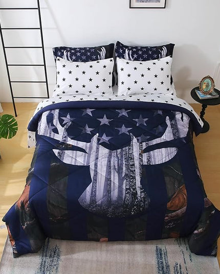 Boys Camo Deer Bedding Set Queen Size 7 Piece Bed in A Bag Camouflage American Flag Comforter Set for Kids Teens Men Super Soft All Season - LeafyLoom