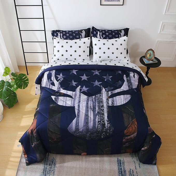 Boys Camo Deer Bedding Set Queen Size 7 Piece Bed in A Bag Camouflage American Flag Comforter Set for Kids Teens Men Super Soft All Season - LeafyLoom