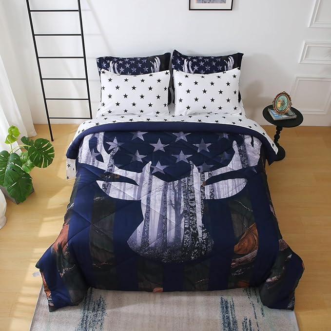 Camo Deer Comforter Set Twin Size 7 Piece Bed in A Bag Camouflage American Flag Bedding Set for Boys Kids Teens Men Super Soft All Season - LeafyLoom