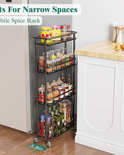 Slim Storage Cart 4 Tier Narrow Kitchen Rolling Cart on Wheels for Small Space, Mobile Spice Rack Seasoning Organizer Utility Serving Cart for Kitchen Bathroom Laundry, Black - LeafyLoom