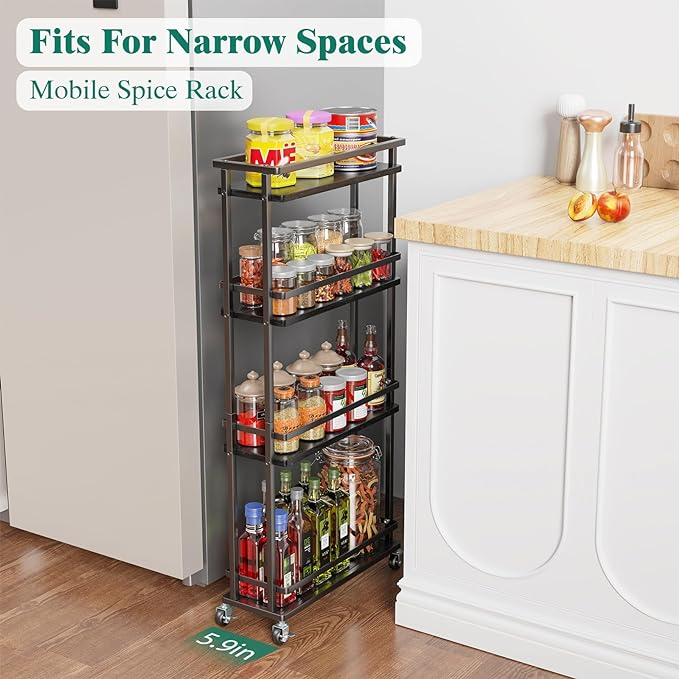 Slim Storage Cart 4 Tier Narrow Kitchen Rolling Cart on Wheels for Small Space, Mobile Spice Rack Seasoning Organizer Utility Serving Cart for Kitchen Bathroom Laundry, Black - LeafyLoom