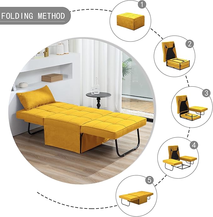 Sofa Bed, 4 in 1 Multi-Function Folding Ottoman Breathable Linen Couch Bed with Adjustable Backrest Modern Convertible Chair for Living Room Apartment Office, Yellow - LeafyLoom