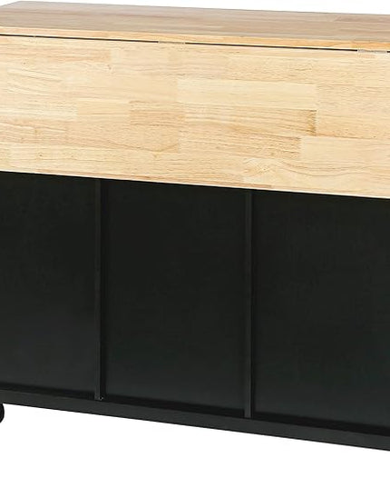 Kitchen Island with Drop-Leaf Countertop, Kitchen-Cart on 5 Universal Wheels with Open Shelves, Storage Cabinet and 3 Drawers, Large Rubberwood Top Breakfast Bar, for Dining Room - LeafyLoom