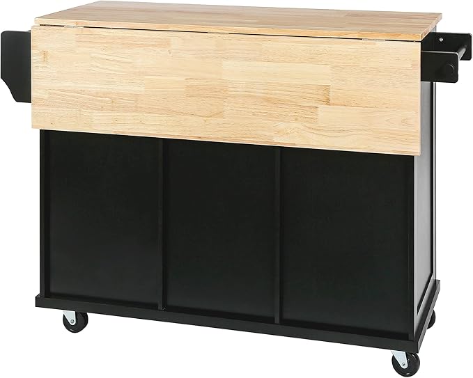 Kitchen Island with Drop-Leaf Countertop, Kitchen-Cart on 5 Universal Wheels with Open Shelves, Storage Cabinet and 3 Drawers, Large Rubberwood Top Breakfast Bar, for Dining Room - LeafyLoom