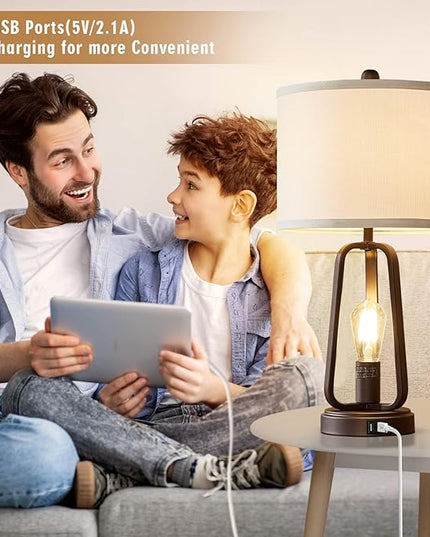 Luvkczc Modern Farmhouse Table Lamp Set of 2, Table Lamps with USB Port, 3-Way Dimmable Bedside Touch Lamp with Rotary Switch, Rustic Industrial Lamps for Bedroom Living Room, Bulbs Included - LeafyLoom