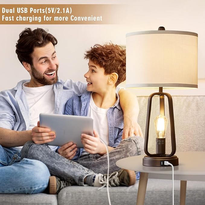 Luvkczc Modern Farmhouse Table Lamp Set of 2, Table Lamps with USB Port, 3-Way Dimmable Bedside Touch Lamp with Rotary Switch, Rustic Industrial Lamps for Bedroom Living Room, Bulbs Included - LeafyLoom