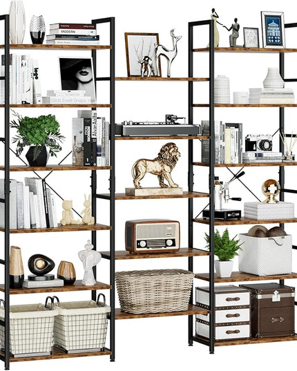 NUMENN Triple Wide 6 Tier Bookshelf, Rustic Industrial Style Bookcases and Bookshelves with 17 Open Display Shelves, Modern Tall Bookcase Furniture for Bedroom, Living Room and Home Office, Vintage - LeafyLoom