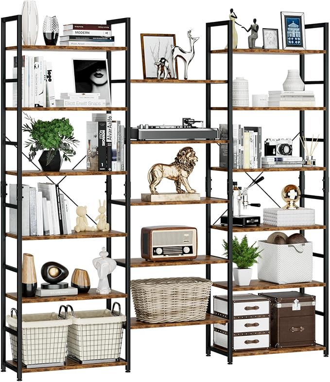 NUMENN Triple Wide 6 Tier Bookshelf, Rustic Industrial Style Bookcases and Bookshelves with 17 Open Display Shelves, Modern Tall Bookcase Furniture for Bedroom, Living Room and Home Office, Vintage - LeafyLoom