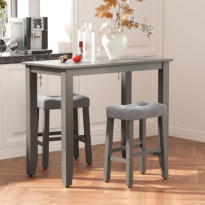 Nathaniel Home 3 Piece Table Set Counter Height Dining Furniture One Bench and Two Saddle Stools, Gray - LeafyLoom