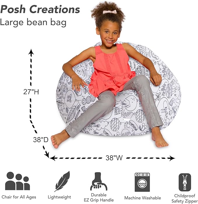 Posh Creations Bean Bag Chair for Kids, Teens, and Adults Includes Removable and Machine Washable Cover, Canvas Coloring Fabric - Fun Creatures, 38in - Large - LeafyLoom