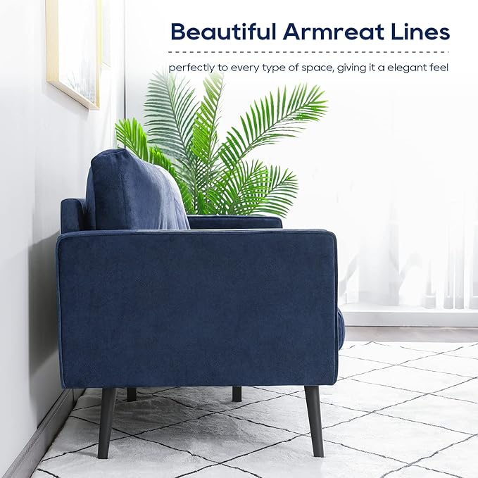 Vonanda Velvet Sofa Couch, Mid Century Modern 73 inch 3-Seater Sofa Couches with High-Density Sponge Comfy Tufted Soft Cushion and 2 Bolster Pillows for Living Room, Elegant Royal Blue - LeafyLoom
