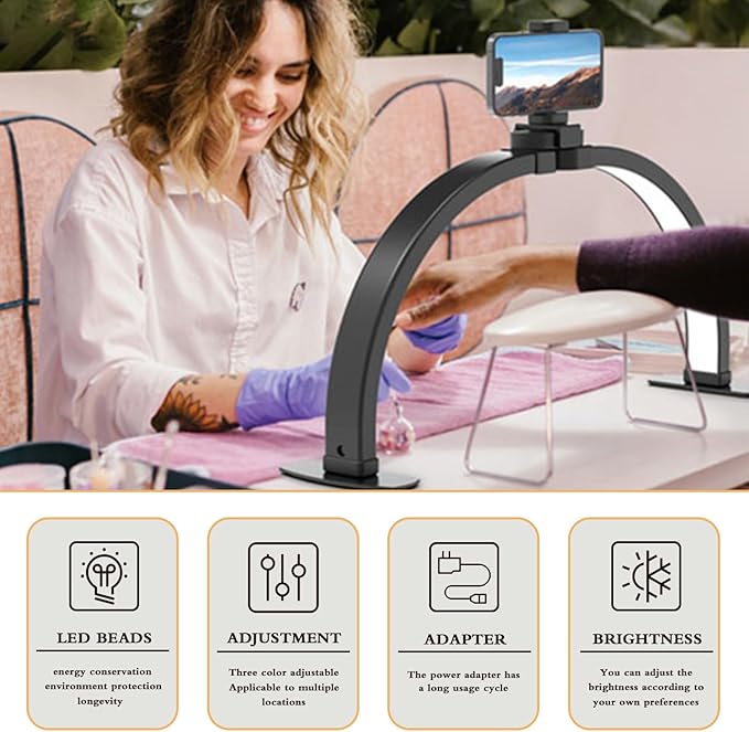Half Moon Light for Nail Desk Foldable 3000-6500k Lash Light Nail Tech Lamp for Desk with Phone Holder for lash Extension Led Light for Nails tech Stepless Dimming (Black, 23in) - LeafyLoom