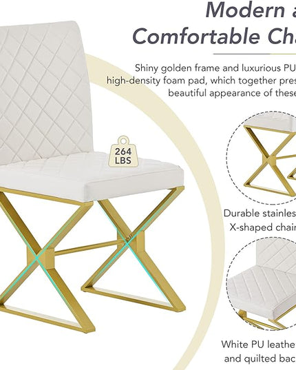 Modern 7 Piece Set with Rectangular Marble Teexture Kitchen Table and 6 PU Leather Chairs and X-Shaped Gold Steel Pipe Legs, for Dining Room, White 27 - LeafyLoom