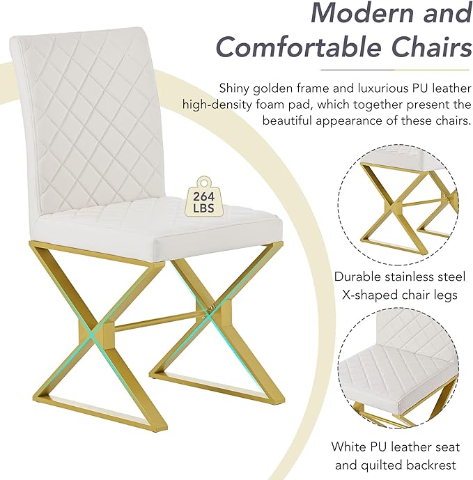 Modern 7 Piece Set with Rectangular Marble Teexture Kitchen Table and 6 PU Leather Chairs and X-Shaped Gold Steel Pipe Legs, for Dining Room, White 27 - LeafyLoom