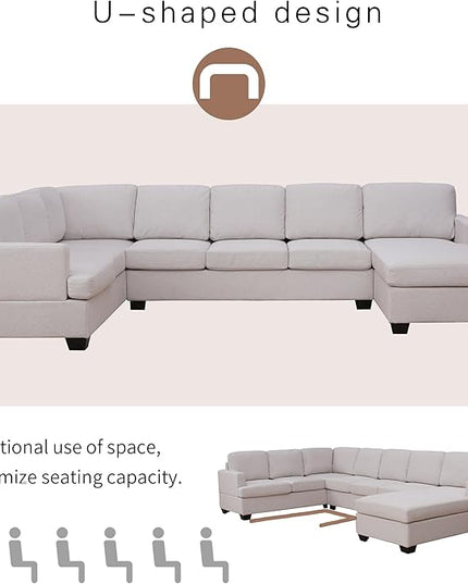 125.6" Large U-Shaped Sectional Sofa with Extra Wide Chaise Loung, Modern Oversized Modular Deep Seat Upholstered Couch for Home, Apartment, Living Room Furniture Set, Beige, 125.6 Inch - LeafyLoom