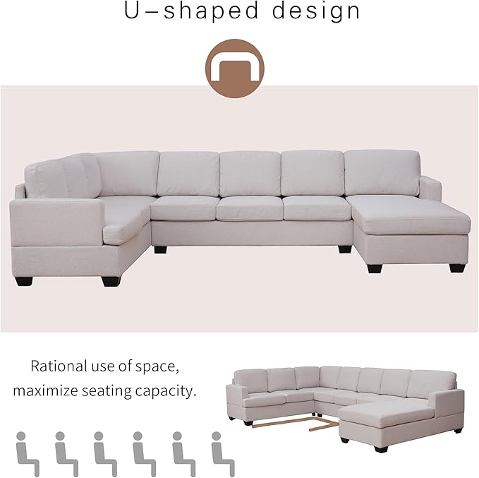 125.6" Large U-Shaped Sectional Sofa with Extra Wide Chaise Loung, Modern Oversized Modular Deep Seat Upholstered Couch for Home, Apartment, Living Room Furniture Set, Beige, 125.6 Inch - LeafyLoom