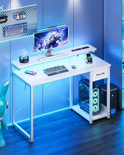 AODK Gaming Desk with LED Lights & Power Outlet, 40 Inch Computer Desk with Drawer, Reversible Desk with Adjustable Monitor Shelf & Headphone Hook for Home Office, White - LeafyLoom
