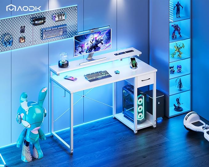 AODK Gaming Desk with LED Lights & Power Outlet, 40 Inch Computer Desk with Drawer, Reversible Desk with Adjustable Monitor Shelf & Headphone Hook for Home Office, White - LeafyLoom