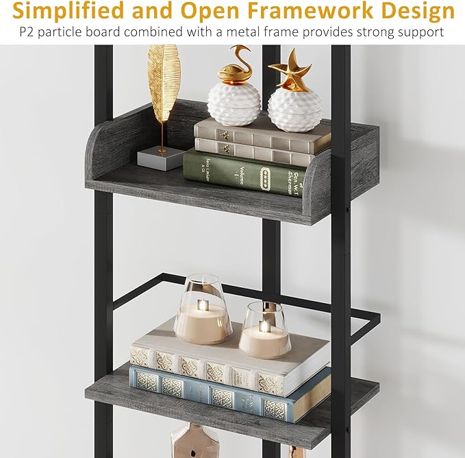 Bookshelf 5-Tier Book shelf - Narrow Wood Bookcase Tall Corner Book Shelves Storage Organizer Display Book Rack for Living Room Bedroom Office Home Grey - LeafyLoom