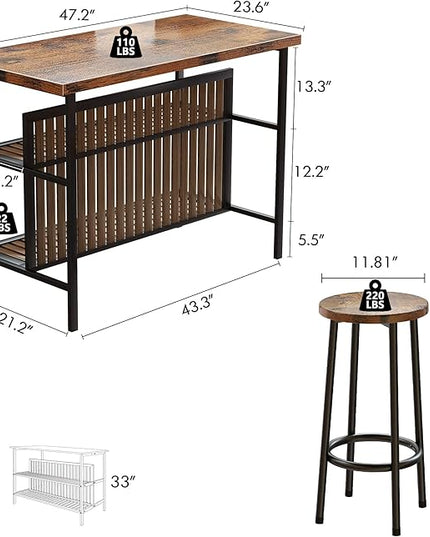 DKLGG Kitchen Island with Storage, 3 Piece Dining Table Set with 2 Tier Storage Shelves, Bar Table with Barstool, Sturdy Island Table with Chairs for Restaurant, Living Room - LeafyLoom