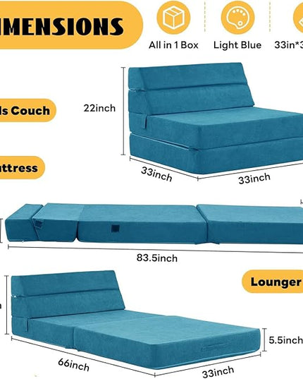 jela Sofa Bed Foldable Mattress Luxury Miss Fabric, Folding Sleeper Sofa Chair Bed Floor Mattress Floor Couch, Fold Out Couch Futon Mattress for Guest Room, Living Room (83"x33",Lightblue) - LeafyLoom
