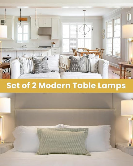 Table Lamps for Living Room Set of 2,26" Tall Gold Bedside Farmhouse Table Lamps with LED Lantern Nightlight,Bedroom Nightstand Lamps with Dual USB Port Grey White Shade (Bulbs Included) - LeafyLoom