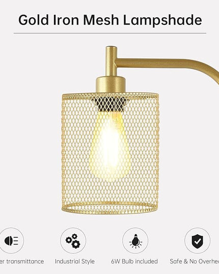 BoostArea Industrial Gold Floor Lamp, 67 Inch LED Standing Lamp with Iron Mesh Lampshade, 6W Brass Stand Up Lamp for Living Room, Bedroom, Office, Den - LeafyLoom