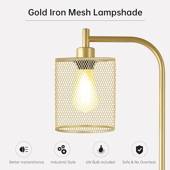 BoostArea Industrial Gold Floor Lamp, 67 Inch LED Standing Lamp with Iron Mesh Lampshade, 6W Brass Stand Up Lamp for Living Room, Bedroom, Office, Den - LeafyLoom