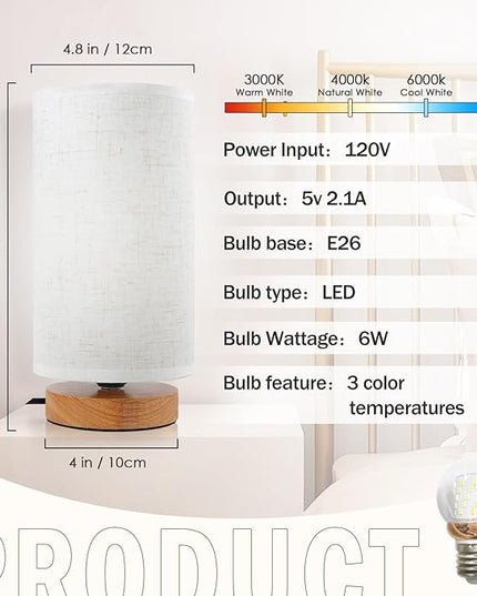 Minimalist Bedside Table Lamps for Bedrooms Set of 2, 3 Color Temperature Bedside Lamps with Round Fabric Linen Shade,Small Desk Lamp Night Nightstand Lamp Set for Living Room, Reading ,Office - LeafyLoom