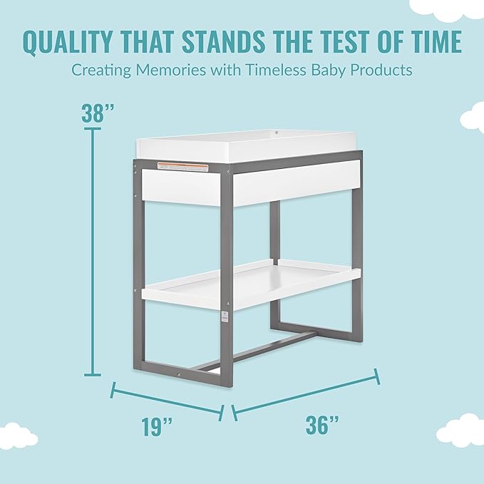 av2023-Dream nontoxic strap-3b688703 Arlo Changing Table, Made of Solid New Zealand Pinewood, Non-Toxic Finish, Comes with Water Resistant Mattress Pad & Safety Strap, Steel Grey And White - LeafyLoom