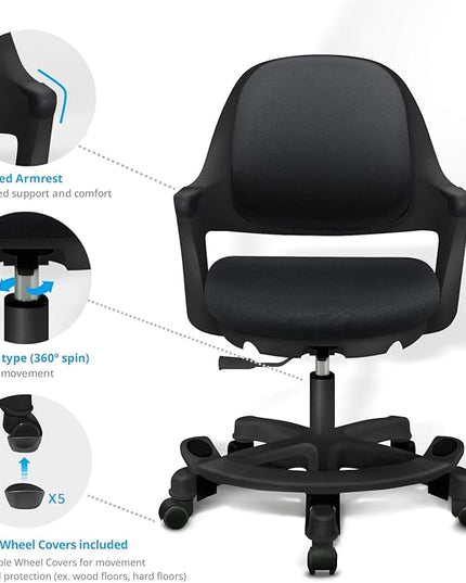 Kids Desk Chair: Ergonomic Kids Computer Chair | Adjustable Kids Office Chair with Wheels & Arms | Study Chair for Girls and Boys - Kids Chair Desk with Wheel Covers (Piano Black) - LeafyLoom