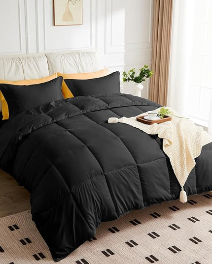 King Size Comforter Set - 3 Pieces, 1 Reversible Comforter and 2 Pillowcases,Soft Quilted Warm Fluffy Cooling Bedding for All Season,Black - LeafyLoom