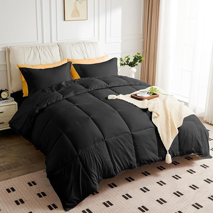 King Size Comforter Set - 3 Pieces, 1 Reversible Comforter and 2 Pillowcases,Soft Quilted Warm Fluffy Cooling Bedding for All Season,Black - LeafyLoom