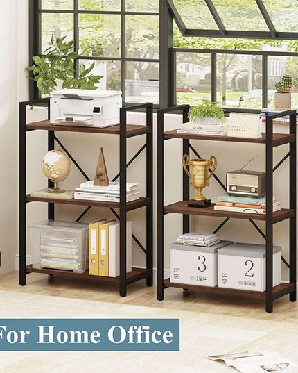 BON AUGURE 3 Tier Industrial Bookshelf, Office Small Open Book Shelf for Small Space, Short Wooden Etagere Bookcase (Rustic Oak) - LeafyLoom