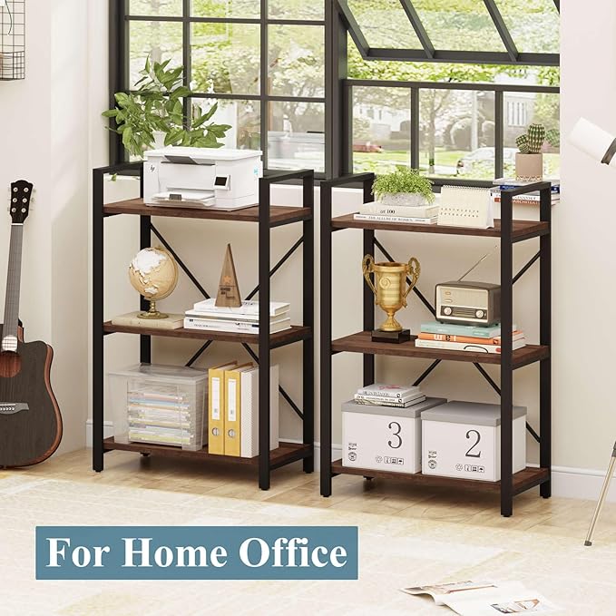 BON AUGURE 3 Tier Industrial Bookshelf, Office Small Open Book Shelf for Small Space, Short Wooden Etagere Bookcase (Rustic Oak) - LeafyLoom