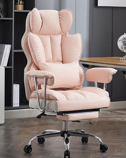 Desk Office Chair 400LBS, Big and Tall Office Chair, PU Leather Computer Chair, Executive Office Chair with Leg Rest, Light Pink Office Chair - LeafyLoom