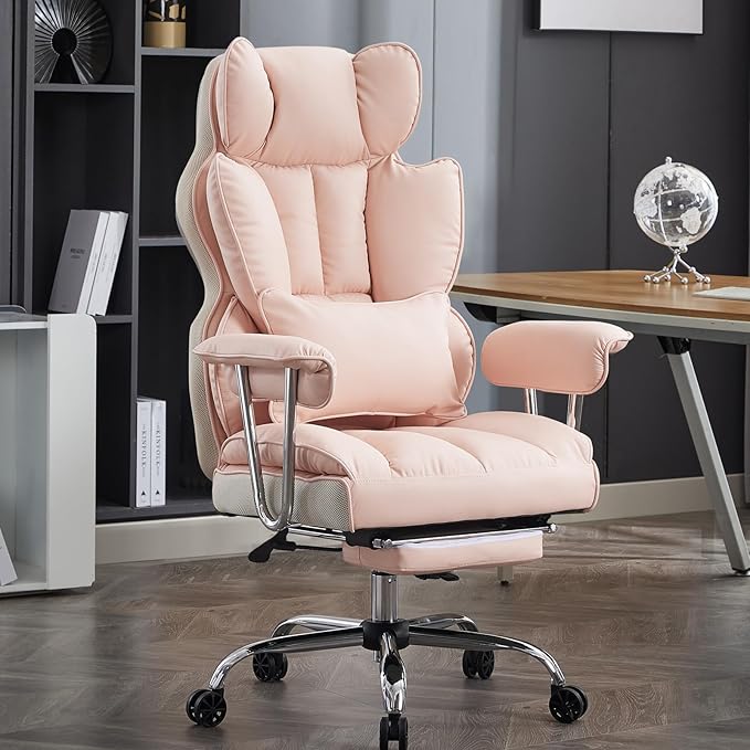 Desk Office Chair 400LBS, Big and Tall Office Chair, PU Leather Computer Chair, Executive Office Chair with Leg Rest, Light Pink Office Chair - LeafyLoom