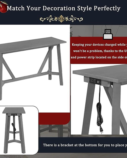 Multipurpose Table Dining Set with 3 Upholstered Stools, Easy to Assemble, Weight Capacity 350 LBS, for Living, Guest Room, Home Bar, Kitchen, Gray, 4-Piece, Gary - LeafyLoom