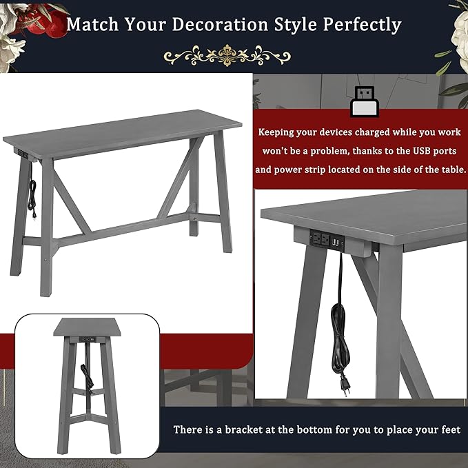 Multipurpose Table Dining Set with 3 Upholstered Stools, Easy to Assemble, Weight Capacity 350 LBS, for Living, Guest Room, Home Bar, Kitchen, Gray, 4-Piece, Gary - LeafyLoom