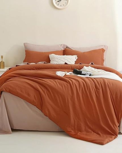 MILDLY Full Size Comforter Set 7 Piece Color Clash, Rust Bed in a Bag, All Season Bedding Sets with 1 Comforter, 2 Pillow Shams, 2 Pillowcases, 1 Flat Sheet, 1 Fitted Sheet - LeafyLoom