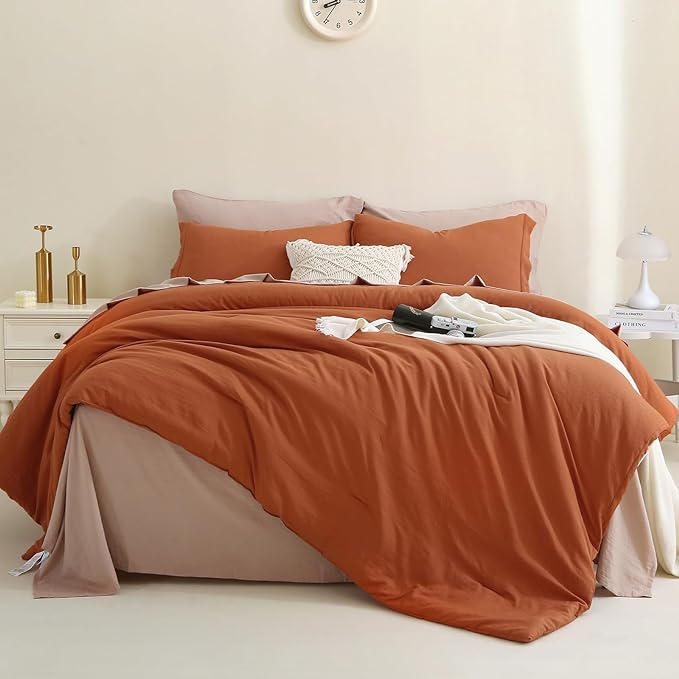 MILDLY Full Size Comforter Set 7 Piece Color Clash, Rust Bed in a Bag, All Season Bedding Sets with 1 Comforter, 2 Pillow Shams, 2 Pillowcases, 1 Flat Sheet, 1 Fitted Sheet - LeafyLoom