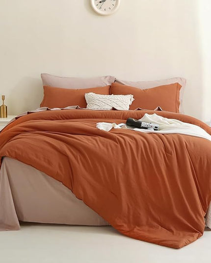 MILDLY King Size Comforter Set 7 Piece Color Clash, Rust Bed in a Bag, All Season Bedding Sets with 1 Comforter, 2 Pillow Shams, 2 Pillowcases, 1 Flat Sheet, 1 Fitted Sheet - LeafyLoom