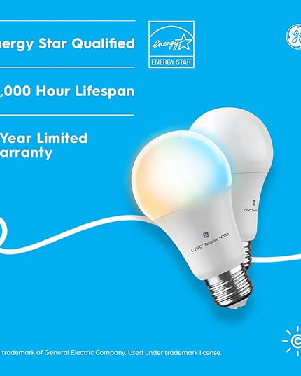 GE CYNC Smart LED Light Bulbs, Tunable White, Bluetooth and Wi-Fi, Works with Alexa and Google, A19 (2 Pack) CYNCSmartHome