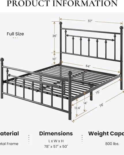SHA CERLIN 14'' Full Size Metal Platform Bed Frame/Victorian Headboard and Footboard/Steel Slats Mattress Foundation for Storage/No Box Spring Needed/Noise Free/Black - LeafyLoom