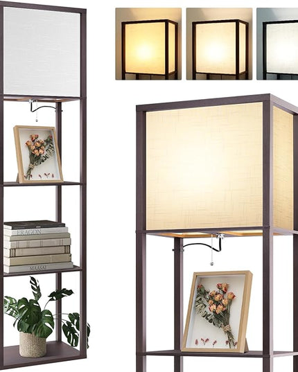 Floor Lamp with Shelves Plus, 4-Tier Modern Shelf Floor Lamp with 2700 4000K 5000K Color Selectable, Display Lamp for Living Room Bedroom Office, 15W LED Bulb(Walnut). - LeafyLoom