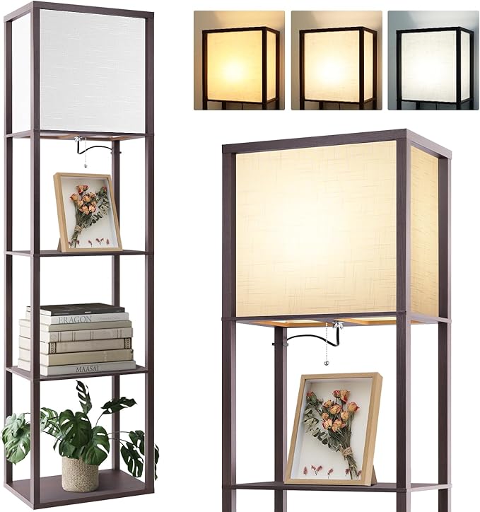 Floor Lamp with Shelves Plus, 4-Tier Modern Shelf Floor Lamp with 2700 4000K 5000K Color Selectable, Display Lamp for Living Room Bedroom Office, 15W LED Bulb(Walnut). - LeafyLoom