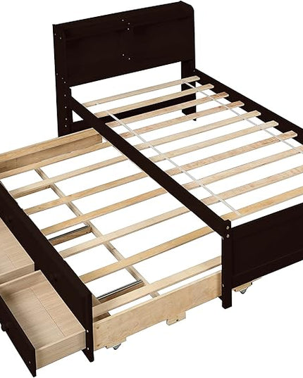 Platform Bed Twin Size with Bookcase Headboard, Trundle and 3 Drawers, Wooden Storage Bedframe for Kids Teens Adults Bedroom - LeafyLoom