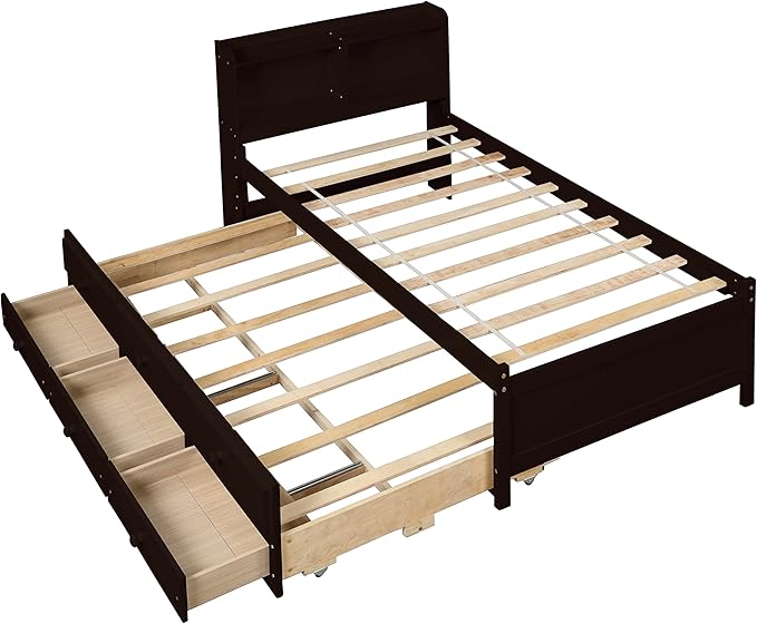 Platform Bed Twin Size with Bookcase Headboard, Trundle and 3 Drawers, Wooden Storage Bedframe for Kids Teens Adults Bedroom - LeafyLoom