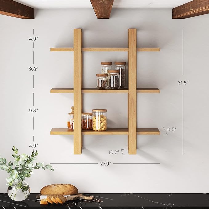 Nathan James Floating Wall Book Shelves, 3-Tier Display Shelf, Decorative Modular Shelf in Solid Wood for Bedroom, Nursery, Bathroom or Kitchen, Set of 2 - LeafyLoom