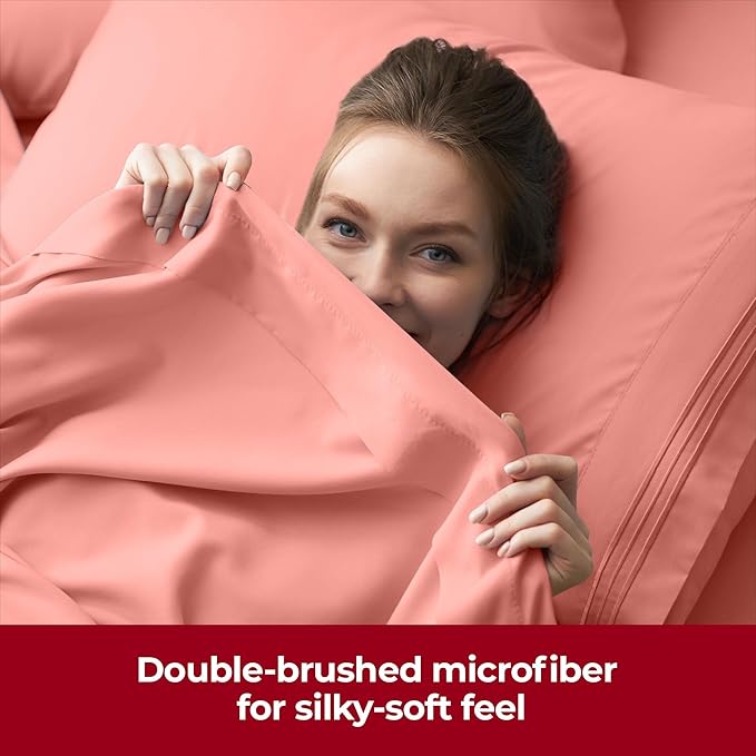 Mellanni Extra Deep Twin XL Sheets - 3 PC Iconic Collection Bedding Sheets & Pillowcases - Hotel Luxury, Ultra Soft, Cooling Bed Sheets - Extra Deep Pocket up to 21 inch (Twin Extra Long, Coral) - LeafyLoom